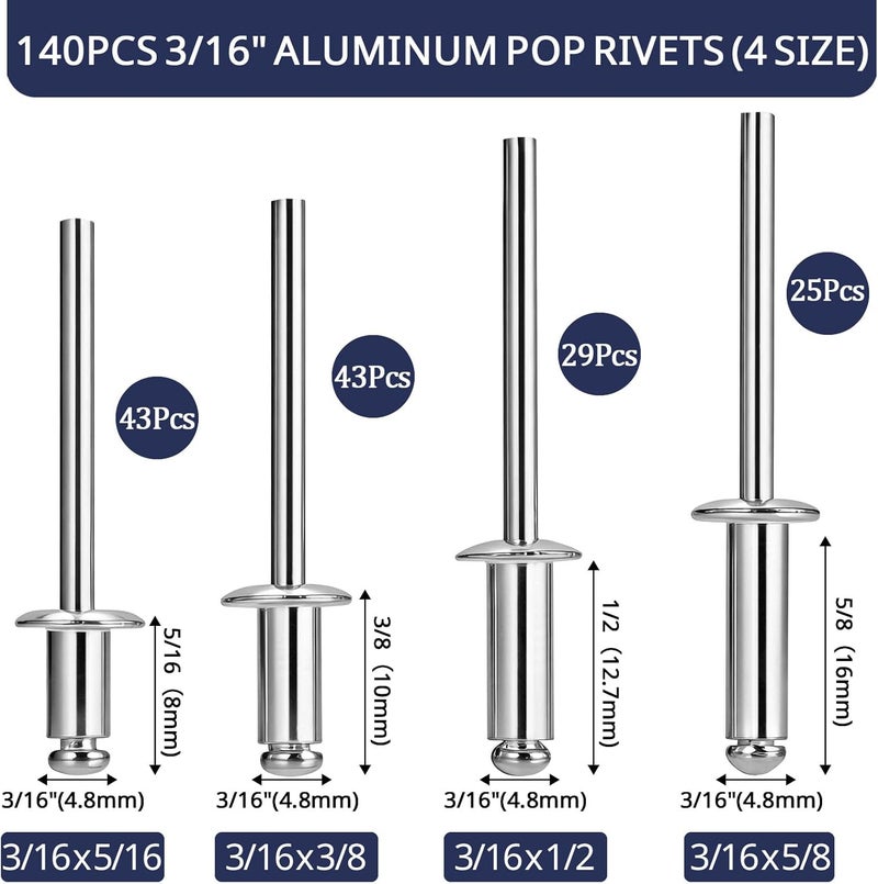 ZQZ 140 Pcs 3/16 Inches Pop Rivets Assortment Kit - 4 Sizes Aluminum Rivets (3/16" x 5/16", 3/16" x 3/8", 3/16" x 1/2", 3/16" x 5/8"), Blind Rivets for Metal Dome Head rivet kit - Image 2